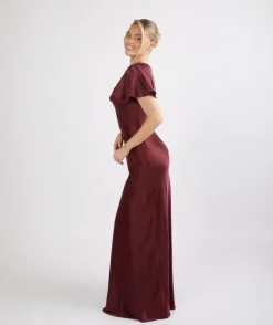 Online Six Stories Cowl Front Satin Short Sleeve Bridesmaid Dress - Deep Wine
