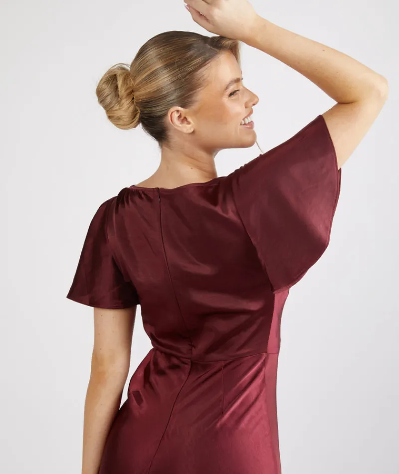 Online Six Stories Cowl Front Satin Short Sleeve Bridesmaid Dress - Deep Wine