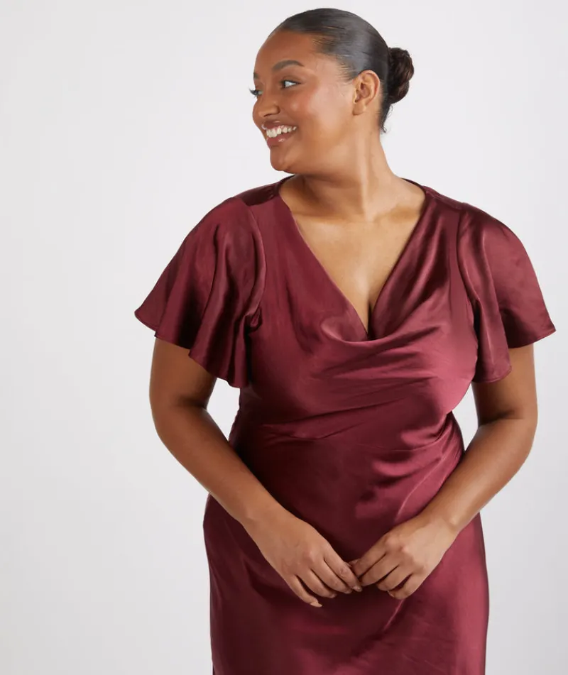 Online Six Stories Cowl Front Satin Short Sleeve Bridesmaid Dress - Deep Wine