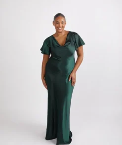 Online Six Stories Cowl Front Satin Short Sleeve Bridesmaid Dress - Emerald