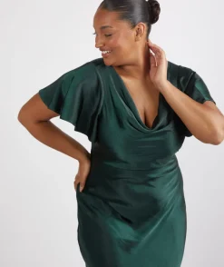 Online Six Stories Cowl Front Satin Short Sleeve Bridesmaid Dress - Emerald