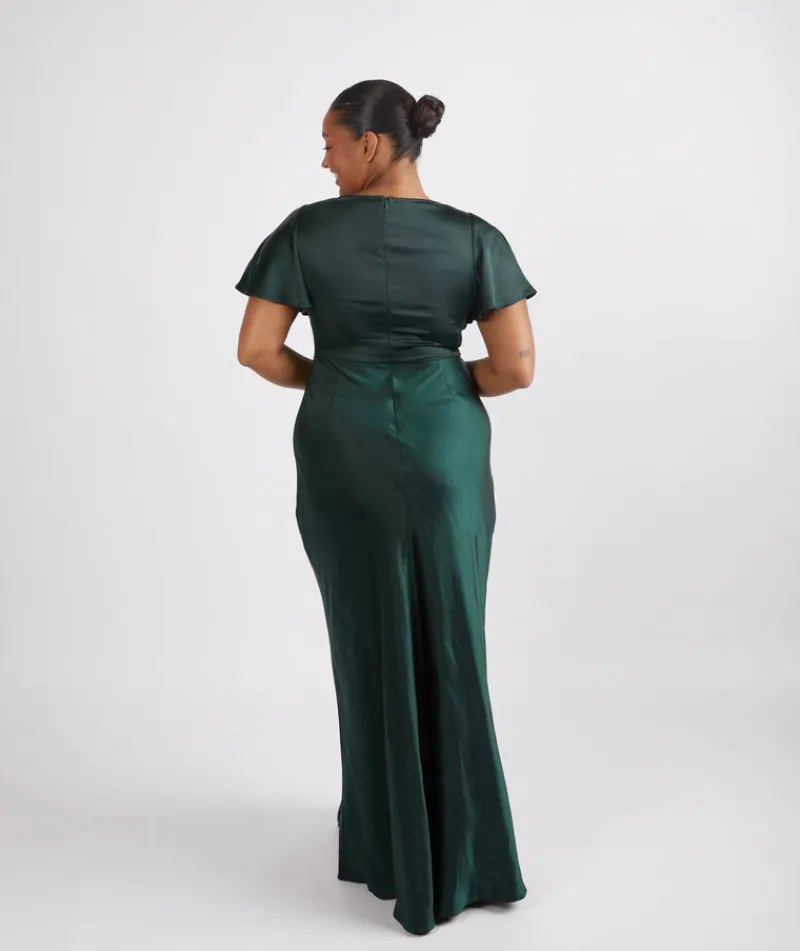 Online Six Stories Cowl Front Satin Short Sleeve Bridesmaid Dress - Emerald