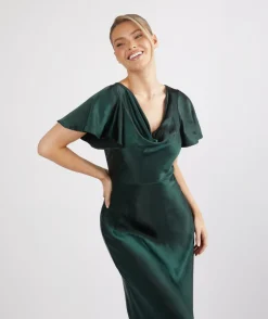 Online Six Stories Cowl Front Satin Short Sleeve Bridesmaid Dress - Emerald