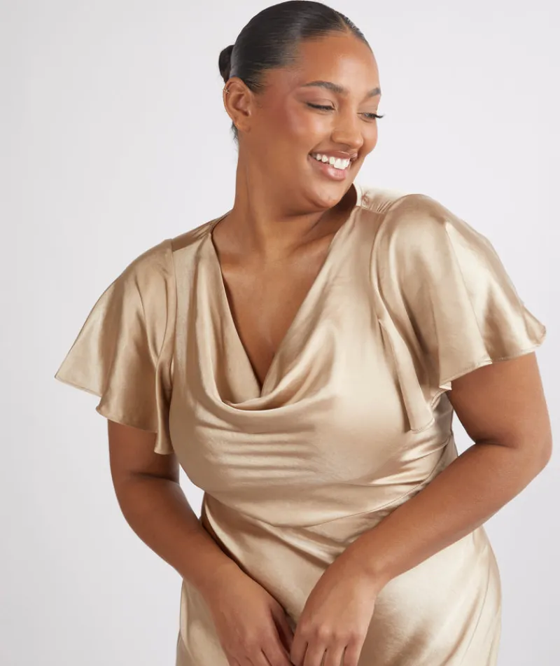 Six Stories Cowl Front Satin Short Sleeve Bridesmaid Dress - Champagne