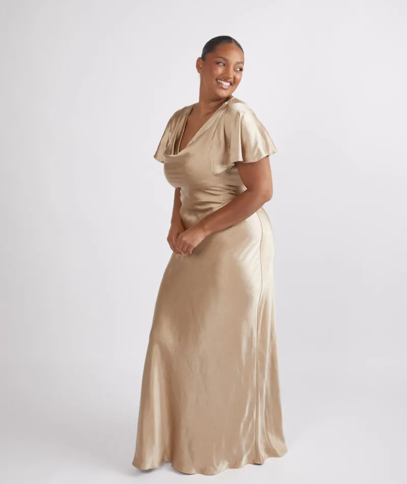 Six Stories Cowl Front Satin Short Sleeve Bridesmaid Dress - Champagne