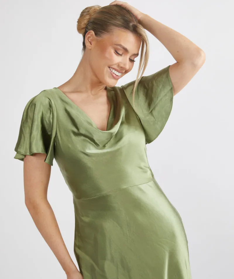 Outlet Six Stories Cowl Front Satin Short Sleeve Bridesmaid Dress - Moss Green