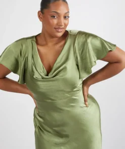 Outlet Six Stories Cowl Front Satin Short Sleeve Bridesmaid Dress - Moss Green