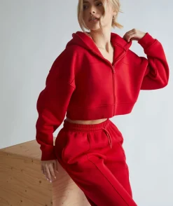 Clearance Six Stories Cropped Zip Through Hoodie - Red