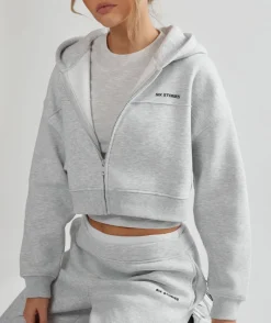 New Six Stories Cropped Zip Through Hoodie - Grey Marl