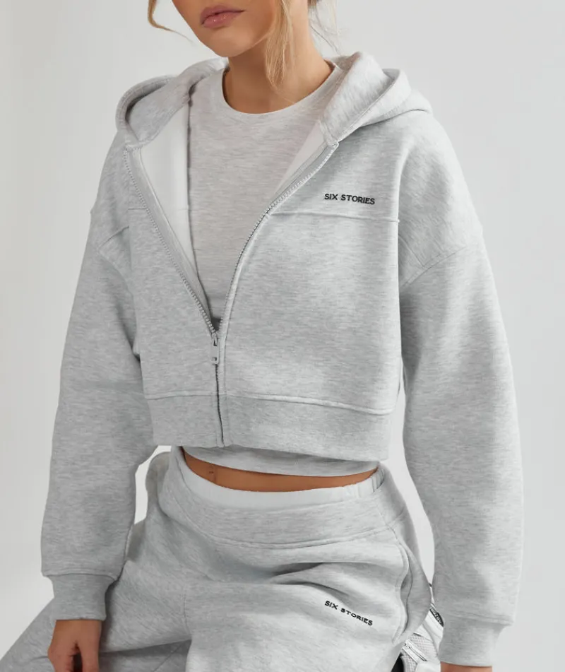 New Six Stories Cropped Zip Through Hoodie - Grey Marl