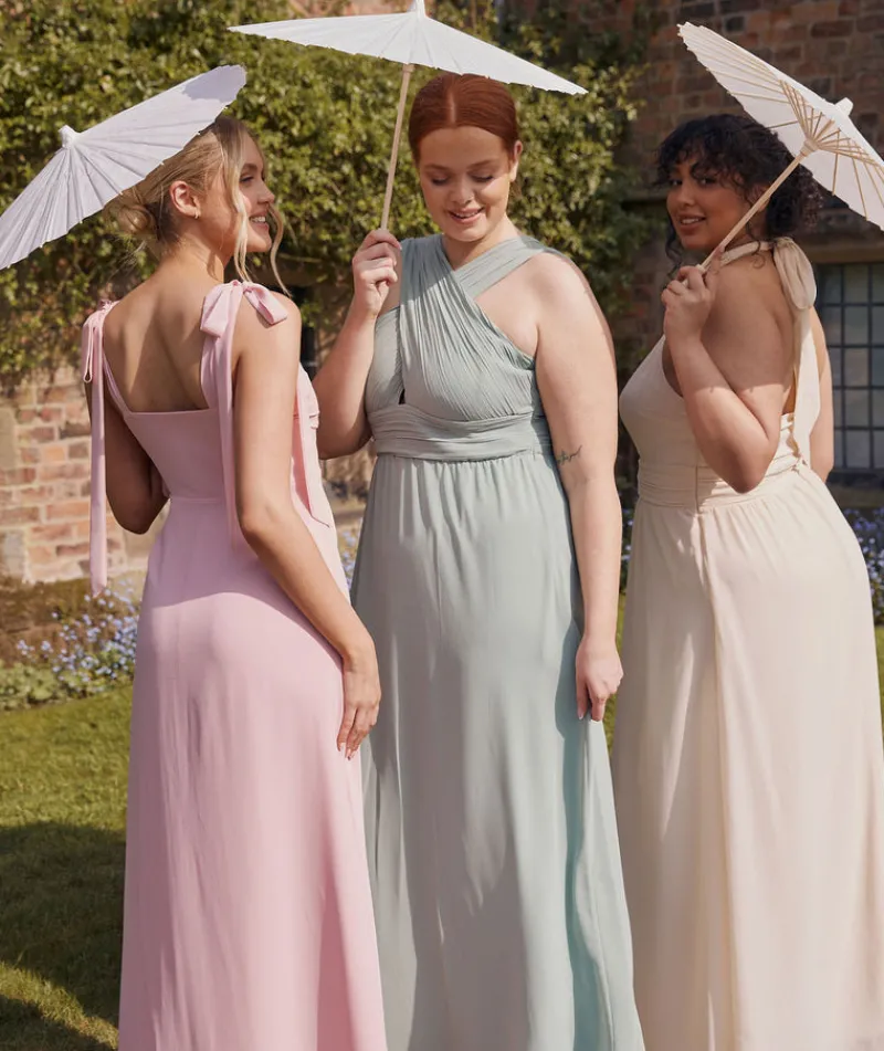 Clearance Six Stories Cross Neck Pleated Waist Chiffon Bridesmaid Dress - Sage