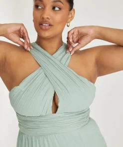 Clearance Six Stories Cross Neck Pleated Waist Chiffon Bridesmaid Dress - Sage