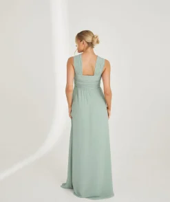 Clearance Six Stories Cross Neck Pleated Waist Chiffon Bridesmaid Dress - Sage
