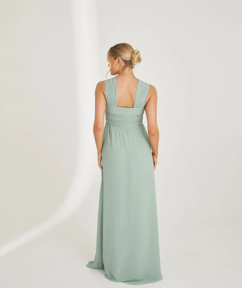 Clearance Six Stories Cross Neck Pleated Waist Chiffon Bridesmaid Dress - Sage