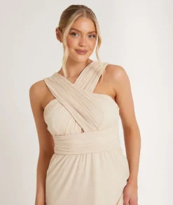 Discount Six Stories Cross Neck Pleated Waist Chiffon Bridesmaid Dress - Butter Cream