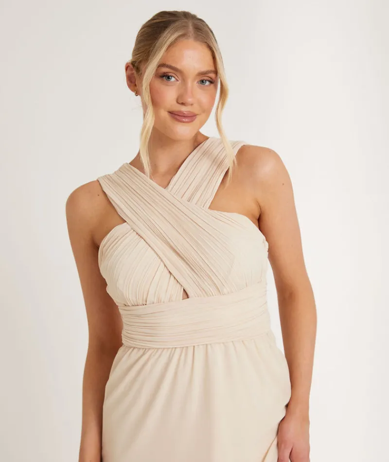 Discount Six Stories Cross Neck Pleated Waist Chiffon Bridesmaid Dress - Butter Cream