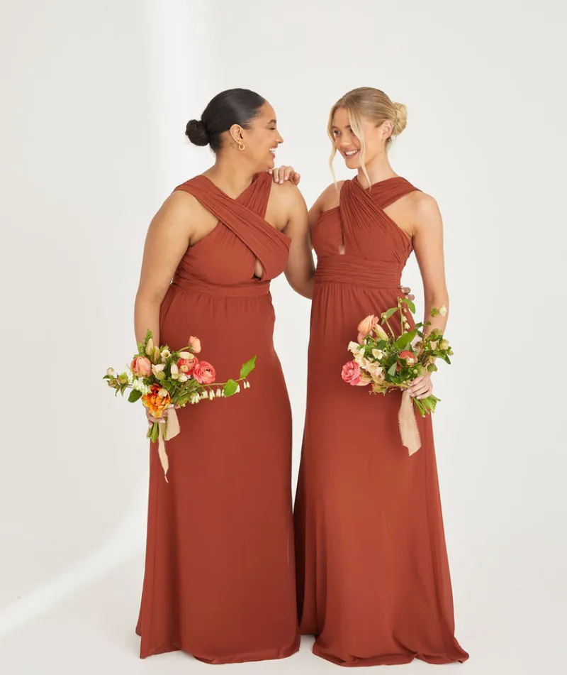 Best Six Stories Cross Neck Pleated Waist Chiffon Bridesmaid Dress - Rust