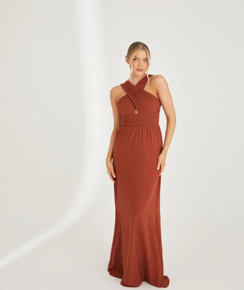 Best Six Stories Cross Neck Pleated Waist Chiffon Bridesmaid Dress - Rust