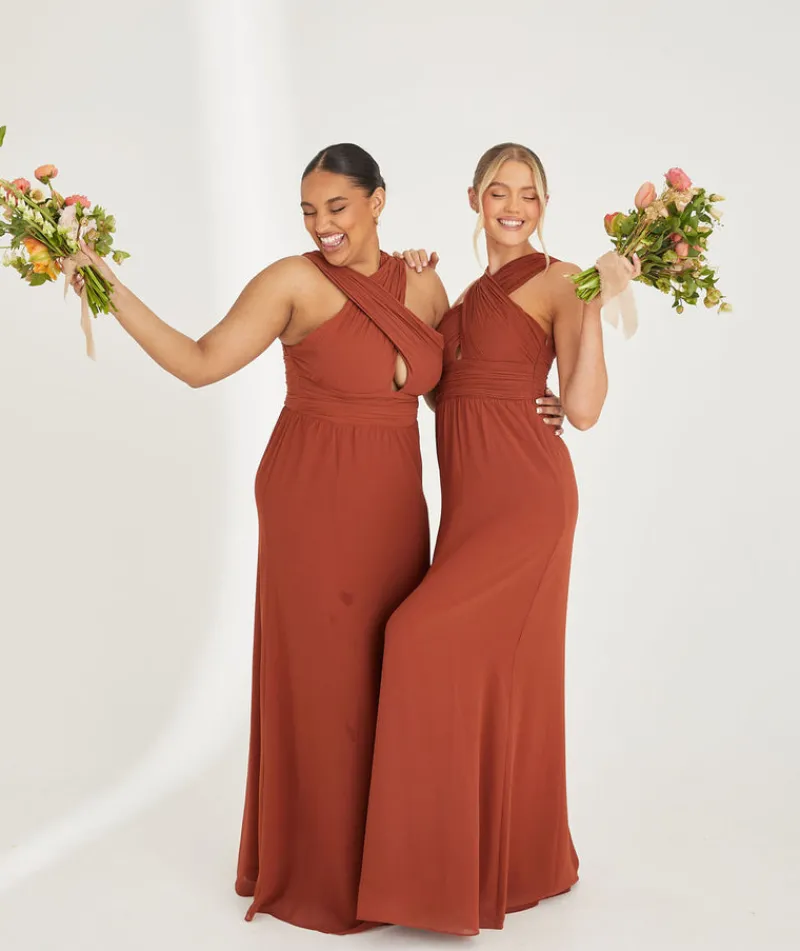 Best Six Stories Cross Neck Pleated Waist Chiffon Bridesmaid Dress - Rust