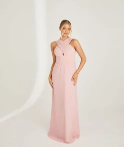 New Six Stories Cross Neck Pleated Waist Chiffon Bridesmaid Dress - Peony Pink