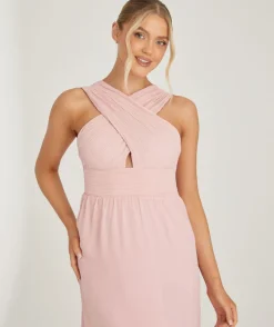 New Six Stories Cross Neck Pleated Waist Chiffon Bridesmaid Dress - Peony Pink