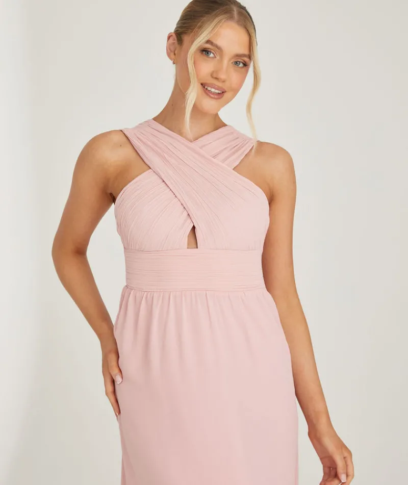 New Six Stories Cross Neck Pleated Waist Chiffon Bridesmaid Dress - Peony Pink