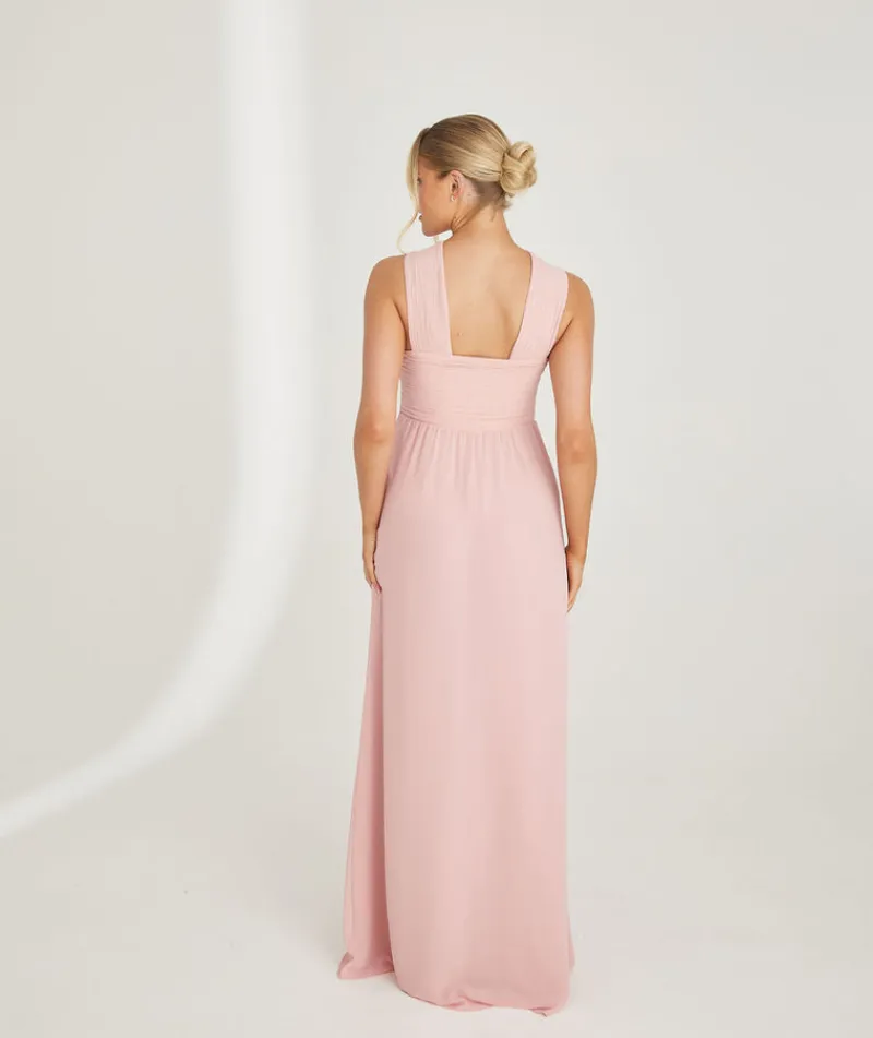 New Six Stories Cross Neck Pleated Waist Chiffon Bridesmaid Dress - Peony Pink