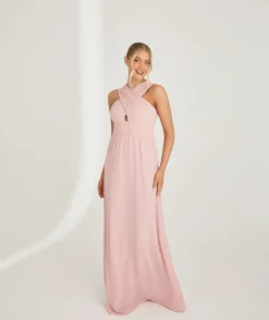 New Six Stories Cross Neck Pleated Waist Chiffon Bridesmaid Dress - Peony Pink