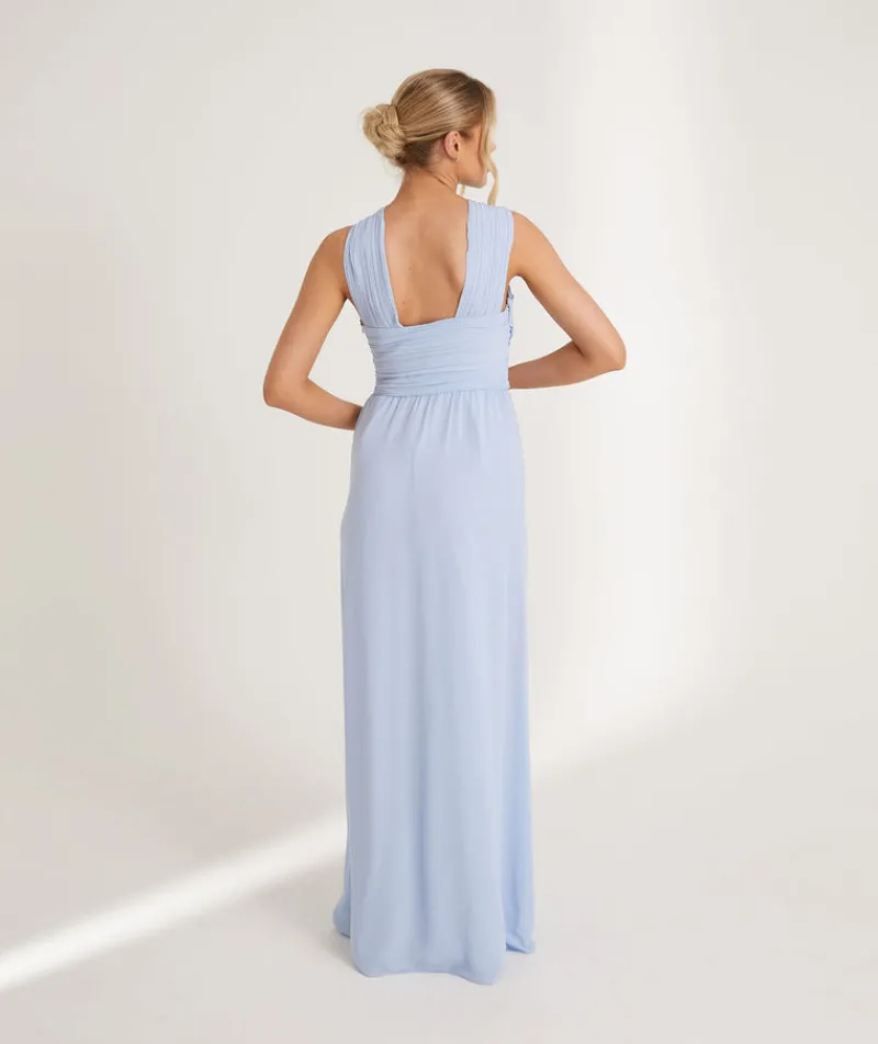 Best Six Stories Cross Neck Pleated Waist Chiffon Bridesmaid Dress - Cornflower Blue