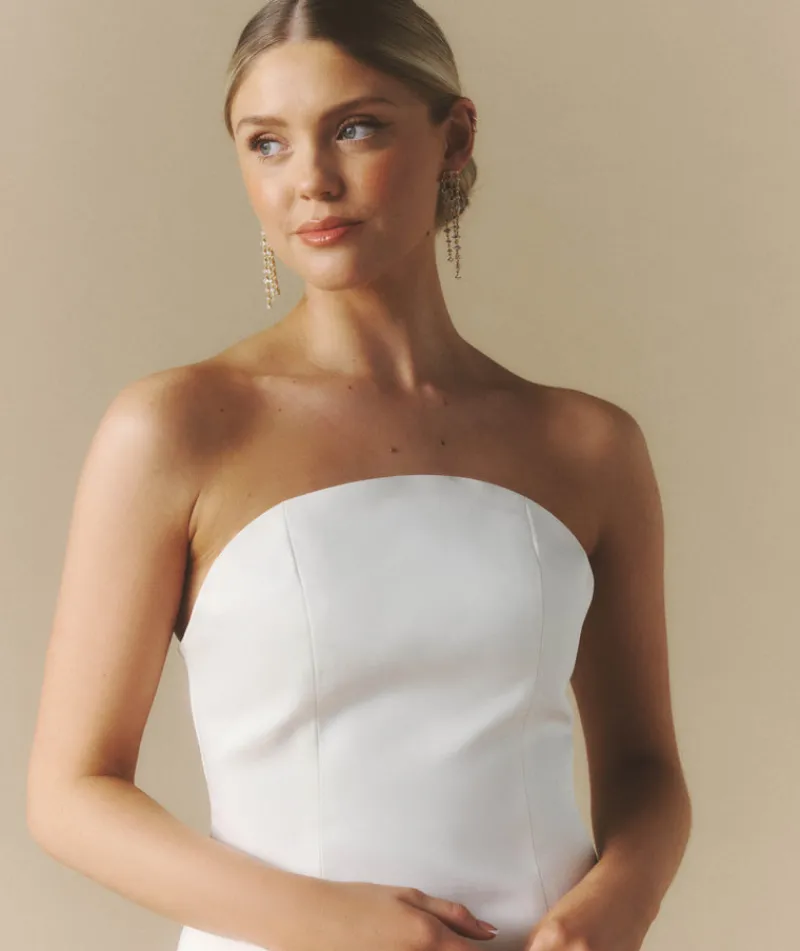 Six Stories Curved Bandeau Structured Satin Mini Dress - White