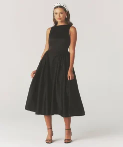 Six Stories Drop Waist Midi Dress with Volume Skirt - Black