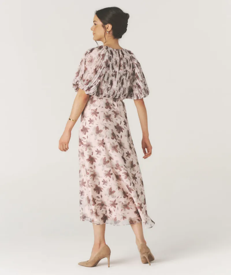 Six Stories Floral Pleat Detail Midi Dress - Pink
