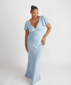 New Six Stories Flutter Sleeve Crepe Bridesmaid Dress - Pale Blue