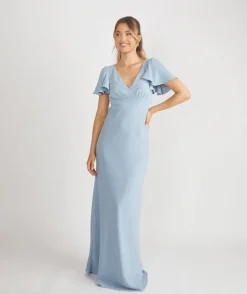 New Six Stories Flutter Sleeve Crepe Bridesmaid Dress - Pale Blue