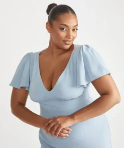 New Six Stories Flutter Sleeve Crepe Bridesmaid Dress - Pale Blue