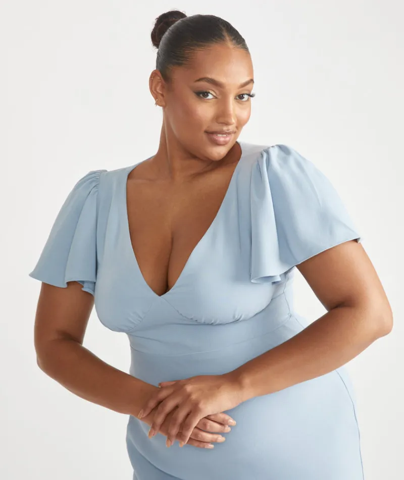 New Six Stories Flutter Sleeve Crepe Bridesmaid Dress - Pale Blue