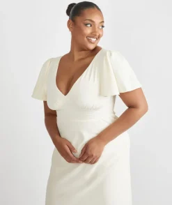 Clearance Six Stories Flutter Sleeve Crepe Bridesmaid Dress - Almond