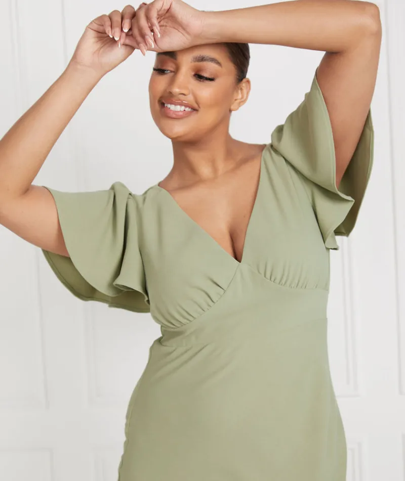 Discount Six Stories Flutter Sleeve V Neck Plunge Crepe Bridesmaid Dress - Sage
