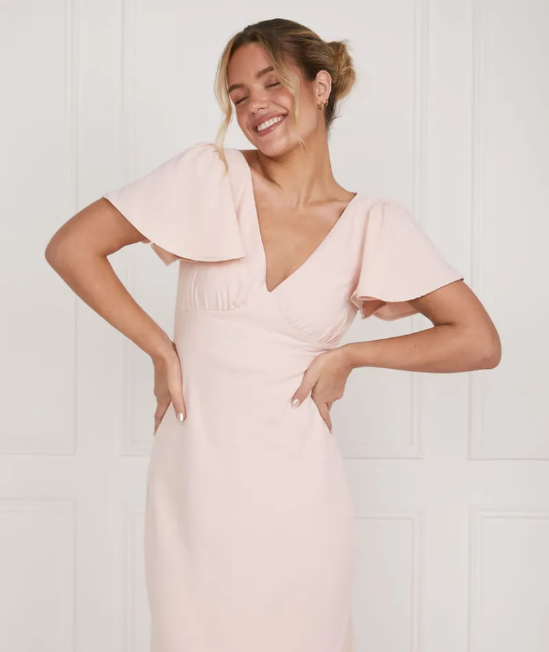 Sale Six Stories Flutter Sleeve V Neck Plunge Crepe Bridesmaid Dress - Blush