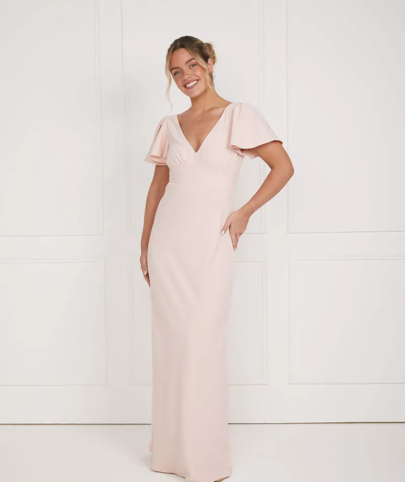 Sale Six Stories Flutter Sleeve V Neck Plunge Crepe Bridesmaid Dress - Blush
