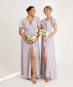 Discount Six Stories Flutter Sleeve Wrap Tie Chiffon Bridesmaid Dress - Dusty Lilac