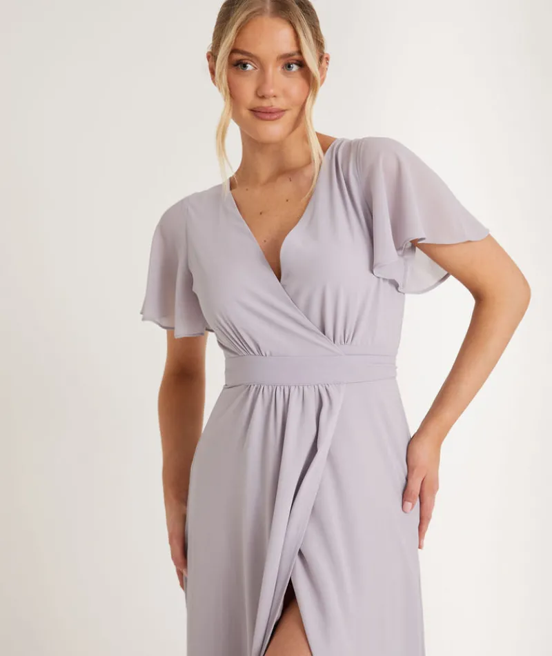 Discount Six Stories Flutter Sleeve Wrap Tie Chiffon Bridesmaid Dress - Dusty Lilac