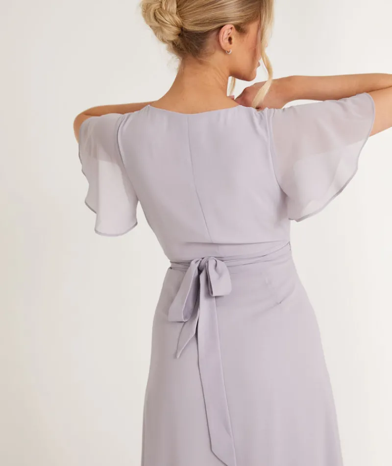 Discount Six Stories Flutter Sleeve Wrap Tie Chiffon Bridesmaid Dress - Dusty Lilac