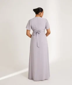 Discount Six Stories Flutter Sleeve Wrap Tie Chiffon Bridesmaid Dress - Dusty Lilac