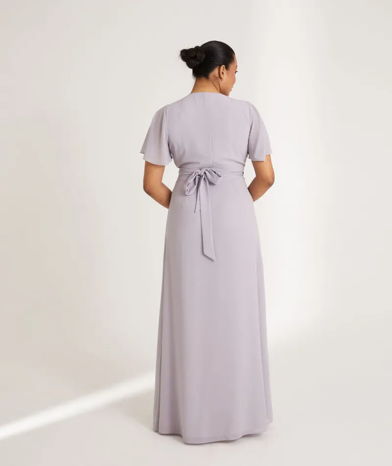 Discount Six Stories Flutter Sleeve Wrap Tie Chiffon Bridesmaid Dress - Dusty Lilac