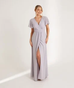 Discount Six Stories Flutter Sleeve Wrap Tie Chiffon Bridesmaid Dress - Dusty Lilac