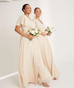 Hot Six Stories Flutter Sleeve Wrap Tie Chiffon Bridesmaid Dress - Butter Cream