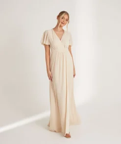 Hot Six Stories Flutter Sleeve Wrap Tie Chiffon Bridesmaid Dress - Butter Cream
