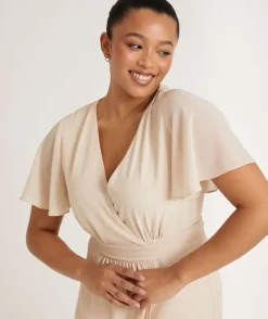 Hot Six Stories Flutter Sleeve Wrap Tie Chiffon Bridesmaid Dress - Butter Cream
