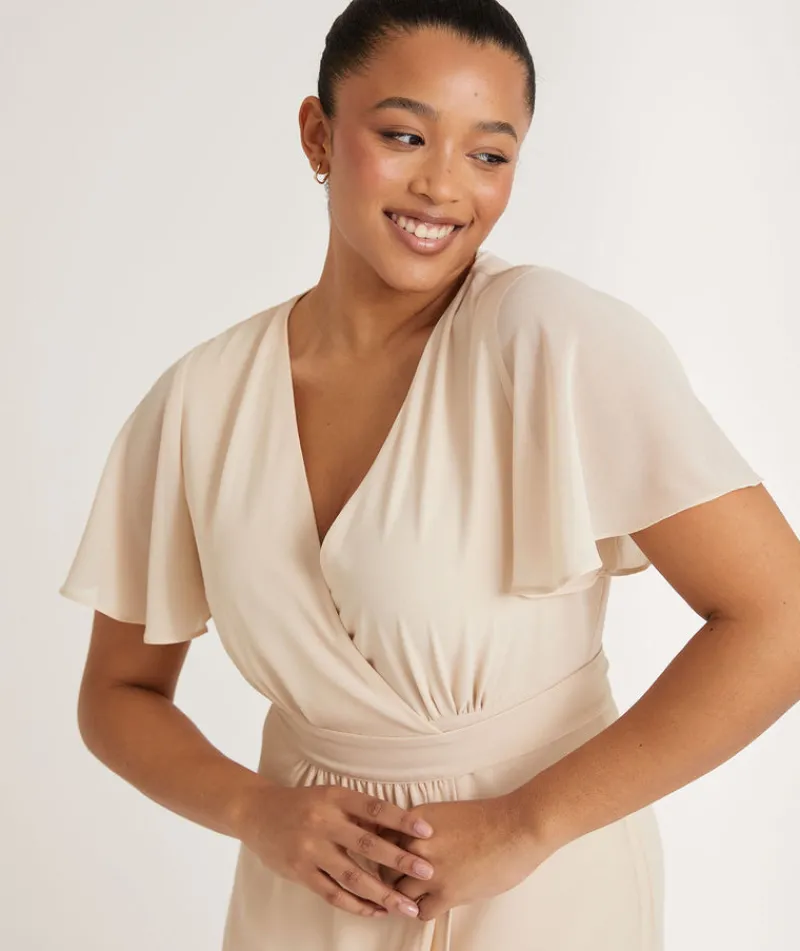 Hot Six Stories Flutter Sleeve Wrap Tie Chiffon Bridesmaid Dress - Butter Cream